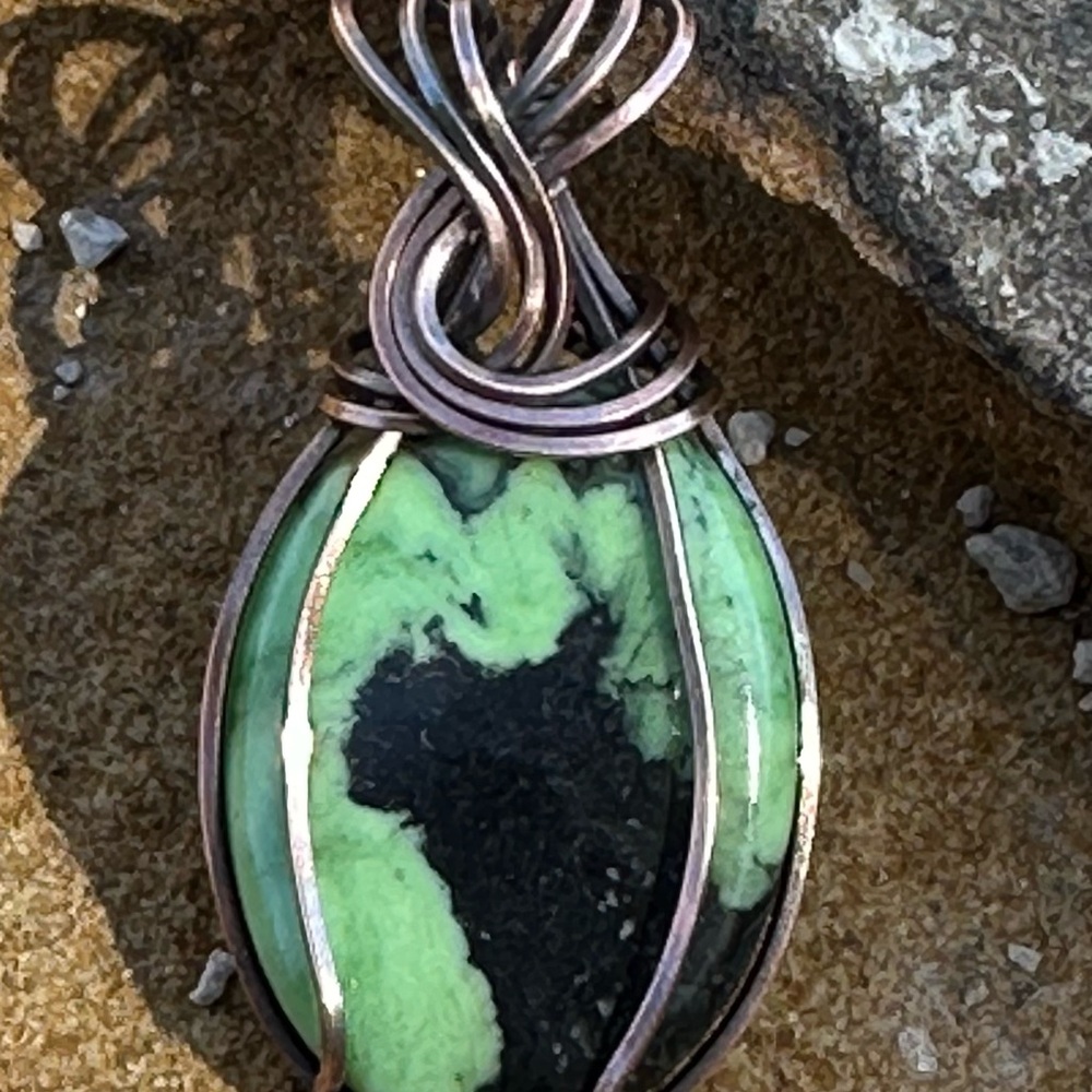 One of a kind Green Turquoise wire wrapped on pure copper  Pendant